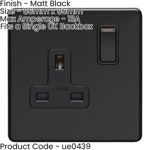 1 Gang DP 13A Switched UK Plug Socket SCREWLESS MATT BLACK Wall Power Outlet