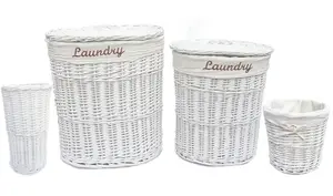 Oval Wicker Laundry Basket With Lid & Removable Cotton Lining White Medium 32x42x49 cm