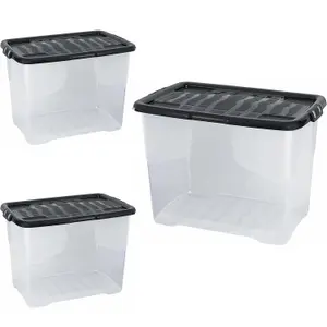 2 x 80 Litres Clear Transparent Base Curve Storage Containers With Black Lids For Home & Office