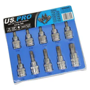 US PRO 10pc 3/8dr Torx / Star Bit Socket Set 48mm (L)  T10 TO T55 2066