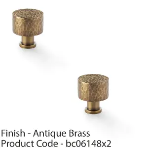 2 PACK - Round Hammered Door Knob - Antique Brass 30mm Diameter Cupboard Pull Handle