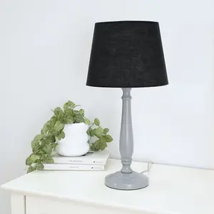 ValueLights Victoria Traditional Grey Wood Candlestick Table Lamp with Black Tapered Shade