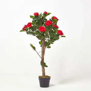 Homescapes Red Potted Rose Tree Artificial Plant with lifelike green leaves and single trunk, 90 cm