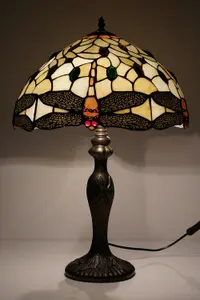 12" Salisbury Tiffany Antique Brass Resin Table Lamp/Stained Leaf Glass Shade