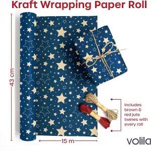 15m Eco Kraft Wrapping Paper Roll - Recyclable Brown Christmas Gift Wrap with Blue Star Design, 43cm Wide, Includes Twine