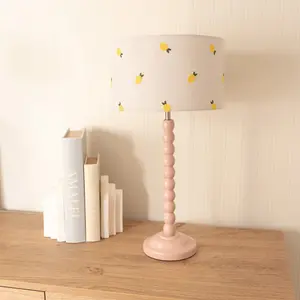 ValueLights Bobbins Painted Rose Table Lamp with Lemon Embroidered Drum Lamp Shade and LED Bulb