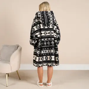 Teddy Hoodie Blanket Aztec Geo Soft Giant Jumper Plush Oversized Wearable Throw