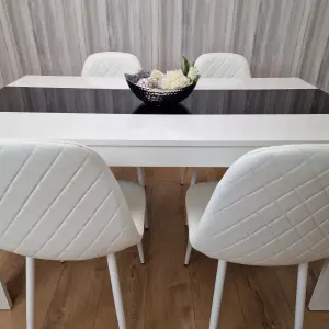 White Black Dining Table Wooden with 4 White Stitched Leather Chairs Set