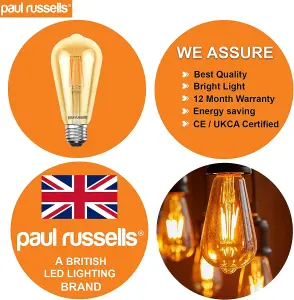 paul russells LED Filament ST64 Bulbs, 4.5W 400 Lumens, 35w Equivalent, 2200K Amber, Pack of 6