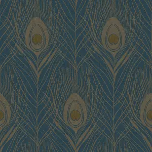 Galerie Absolutely Chic Blue Yellow Metallic Peacock Feather Motif Smooth Wallpaper