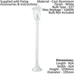 IP44 Outdoor Bollard Light White Aluminium Lantern 1 x 60W E27 Bulb Lamp Post