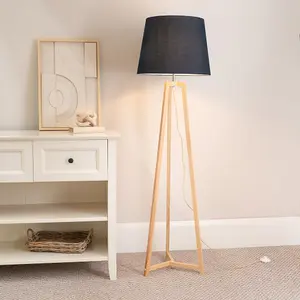 ValueLights Lottie Natural Wood Tripod Floor Lamp with Black Tapered Shade