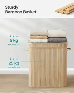 SONGMICS Bamboo Laundry Basket, Large Hamper with Lid, Machine Washable Basket, Handles, for Bedroom, Washroom, Natural