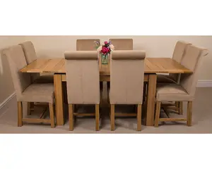 Richmond 140cm - 220cm Oak Extending Dining Table and 8 Chairs Dining Set with Washington Beige Fabric Chairs