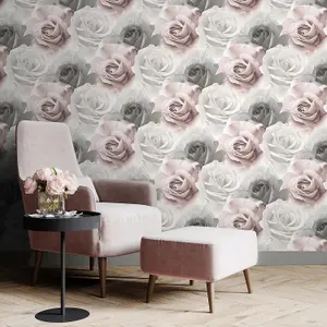 Muriva Rhoda Rose Pink Wallpaper Floral Flowers Grey White Glamorous Modern