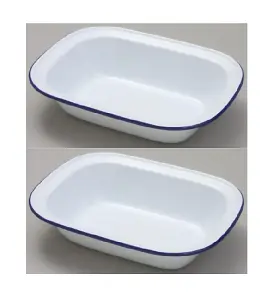 2 x Falcon 20cm Oblong Enamel Pie Dish Non Stick Oven Baking Dish White Blue Rim