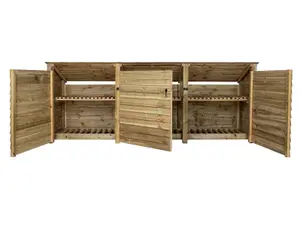 Wooden log store (roof sloping back) with door and kindling shelf W-335cm, H-126cm, D-88cm - natural (light green) finish