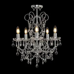 ValueLights Viscount 5 Way Silver Chrome Ceiling Light Chandelier with Lead Crystal Droplets