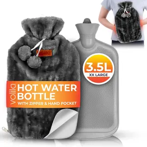 3.5L XXL Grey Hot Water Bottle with Zipper & Hand Pocket Soft Faux Fur, Washable Bag for Pain Relief, Warmer & Hot/Cold Compress