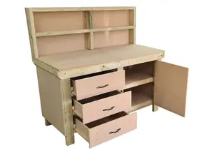 Wooden MDF top workbench, tool cabinet with lockable cupboard (V.3) (H-90cm, D-70cm, L-150cm) with back and double shelf