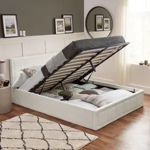 Ottoman Bed With Mattress Small Double White Boucle Storage Bed - Pocket Sprung Mattress