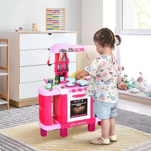 HOMCOM 38-Piece Children's Kitchen Play Set w/ Realistic Sounds Lights Food Pink