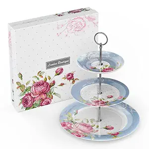 London Boutique 3 Tier Cake Stands Afternoon Tea Cake Stand Plates New Bone China Vintage Flora Gift for Her (Blue)