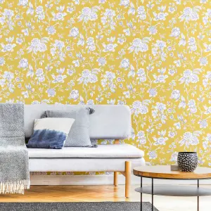 GoodHome Davenham Yellow Metallic effect Floral Smooth Wallpaper