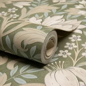 Sage Green Floral Wallpaper Light Blue Leafs Beige Flowers Smooth Matte Grandeco