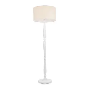 ValueLights Victoria Traditional White Wood Candlestick Floor Lamp with Natural Drum Shade - LED Bulb Included