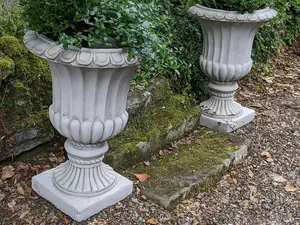 Pair of Large Fluted Stone Garden Vases