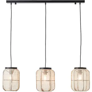 Hanging Ceiling Pendant Light - Natural Linen Dark Plywood & Matt Black - 3 X 10W LED E27