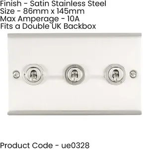 5 PACK 3 Gang Triple Retro Toggle Light Switch SATIN STEEL 10A 2 Way Wall Plate