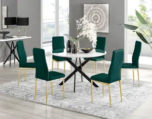 Furniturebox UK Novara White Gloss Black Leg 120cm Round Dining Table & 6 Green Velvet Milan Gold Leg Chairs