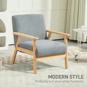 HOMCOM Accent Chair with Wood Frame Wide Seat Cashmere Armchair Grey