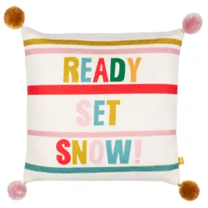 furn. Pom-Poms Ready Set Snow Printed Feather Rich Cushion