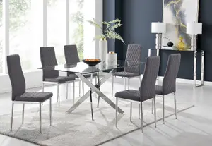 Furniturebox UK Leonardo Glass And Chrome Metal Dining Table And 6 Grey Velvet Milan Chairs