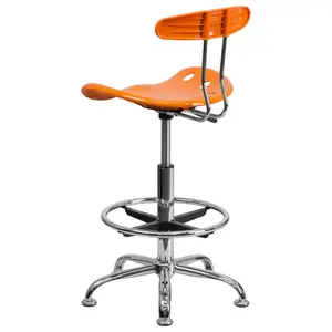 Vibrant Chrome Drafting Stool with Tractor Seat Orange