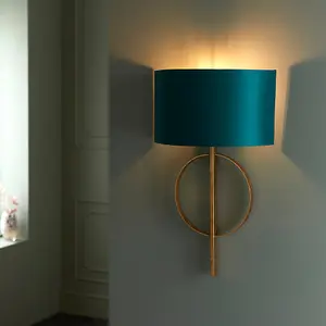 2 PACK Antique Gold Leaf Wall Light & Teal Satin Shade Dimmable Filament Lamp