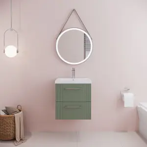 Retro 2 Drawer Wall Hung Vanity Unit with Mid-Edge 1 Tap Hole Ceramic Basin - 500mm - Satin Green - Balterley