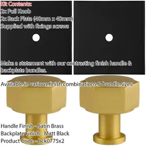 2 PACK - Cabinet Door Knob & Contrasting Backplate Set - Hex Kitchen Pull - Satin Brass & Matt Black