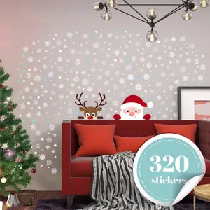 Santa And Rudolph with Snowflakes Wall Stickers Living room DIY Home Decorations