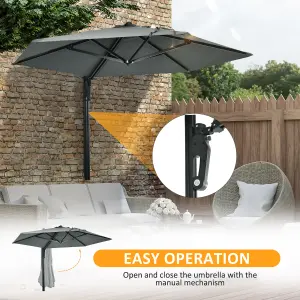 Outsunny Wall-Mounted Parasol Patio Umbrella with Hand to Push System Grey