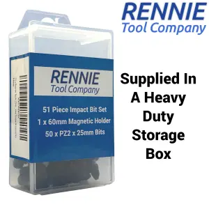 Rennie Tools 51 Pack PZ2 x 25mm Long Impact Driver Screwdriver Bits Set Pozidriv (Pozi 2) With Impact Bit Holder