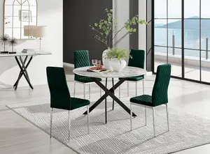 Furniturebox UK Novara White Marble Black Leg 120cm Round Dining Table & 4 Green Velvet Milan Chairs