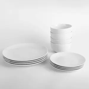 12PC Dinnerware Porcelain White Set: 4 Dinner Plates, 4 Side Plates & 4 Bowls. Dishwasher & Microwave Safe.