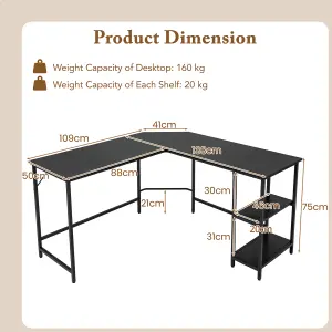 Costway L-Shaped Computer Desk Corner Computer Gaming Desk w/ 2-tier Shelves