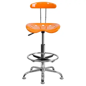 Vibrant Chrome Drafting Stool with Tractor Seat Orange