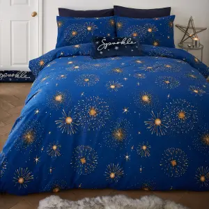 Catherine Lansfield Christmas Sparkle Reversible King Duvet Cover Set with Pillowcases Navy Blue