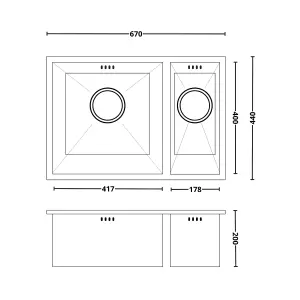 Kersin Elite Brushed Gold Undermounted 1.5 Bowl Sink (W) 670 x (L) 440mm